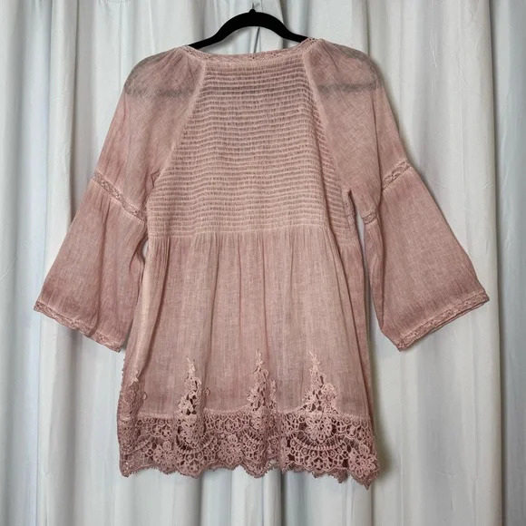 Soft Surroundings Smocked Lace Hem Peasant Blouse Pink Cotton Top Small - Picture 9 of 12